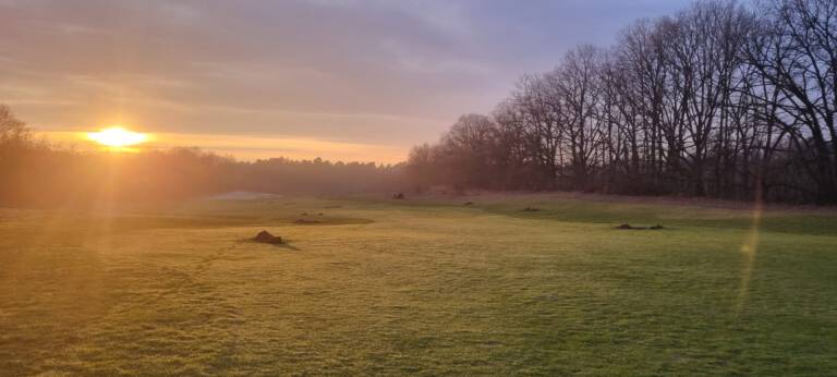 Bild eines Golfplatzes bei Sonnenaufgang